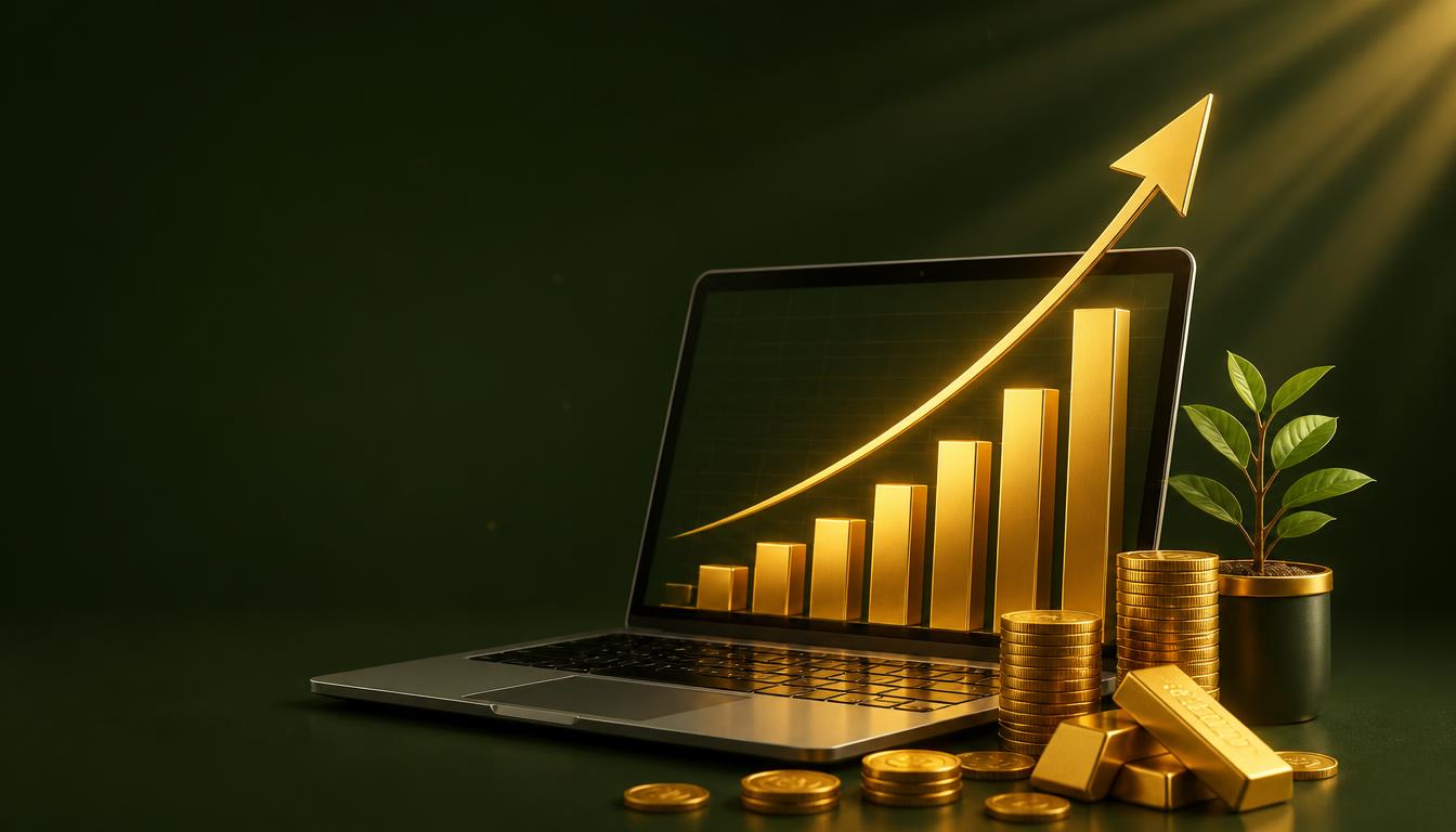 Gold growth chart rising from a laptop, with coins, gold bars and a small plant
